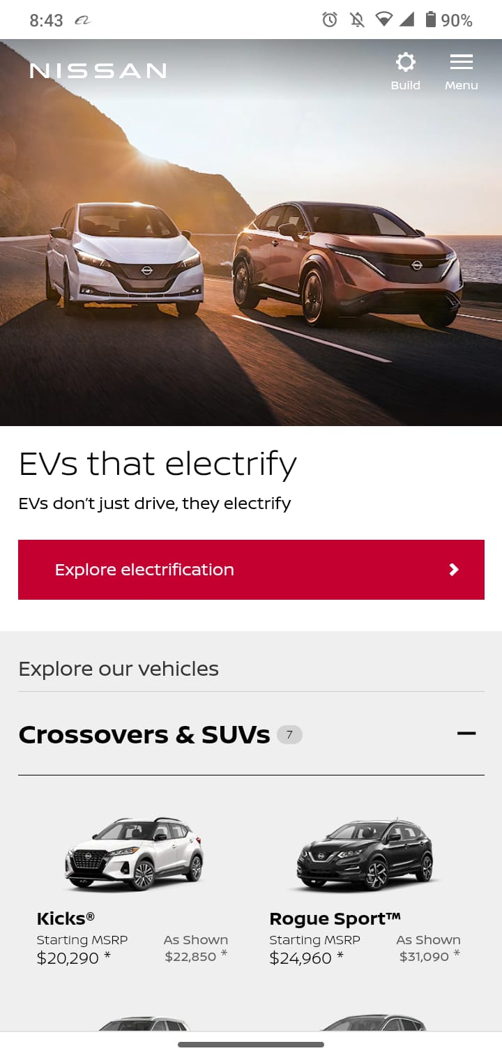 screenshot of nissan site